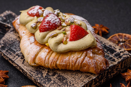 Food for breakfast sweet strawberry croissants with chocolate filling. French dessert, croissants with fruit and berriesの写真素材