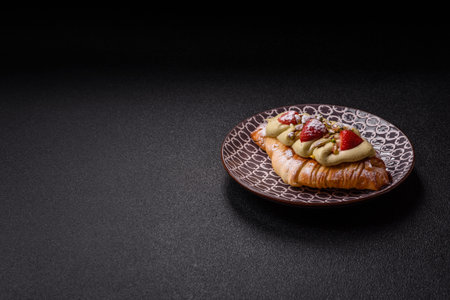 Food for breakfast sweet strawberry croissants with chocolate filling. French dessert, croissants with fruit and berriesの写真素材