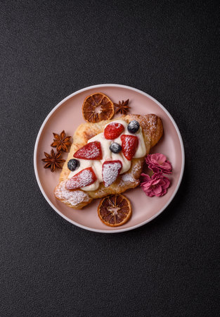 Food for breakfast sweet strawberry croissants with chocolate filling. French dessert, croissants...