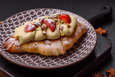 Food for breakfast sweet strawberry croissants with chocolate filling. French dessert, croissants...