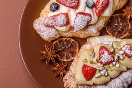 Food for breakfast sweet strawberry croissants with chocolate filling. French dessert, croissants with fruit and berriesの写真素材
