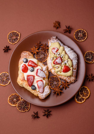 Food for breakfast sweet strawberry croissants with chocolate filling. French dessert, croissants with fruit and berriesの写真素材