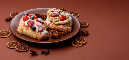 Food for breakfast sweet strawberry croissants with chocolate filling. French dessert, croissants with fruit and berriesの写真素材