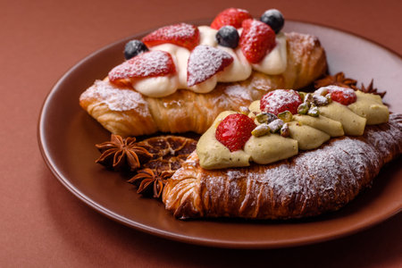 Food for breakfast sweet strawberry croissants with chocolate filling. French dessert, croissants with fruit and berriesの写真素材