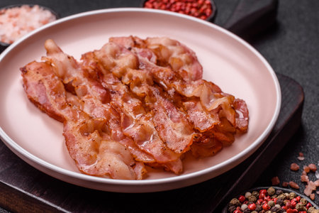 Cooked crispy bacon, slices of roast pork for an English breakfast. Fried bacon for the morning...