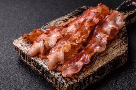 Cooked crispy bacon, slices of roast pork for an English breakfast. Fried bacon for the morning tableの写真素材