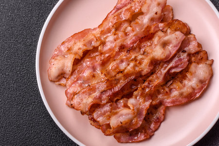 Cooked crispy bacon, slices of roast pork for an English breakfast. Fried bacon for the morning...