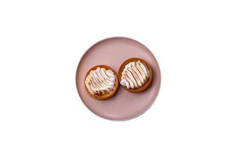 Lemon tart, meringue pie or fruit cream tart. Dessert, sweets for the morning table