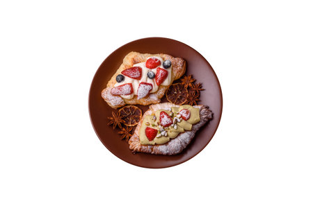 Food for breakfast sweet strawberry croissants with chocolate filling. French dessert, croissants...