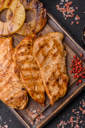 Chicken breast, grilled fillet, meat meal on a plate. Useful grilled poultry for lunchの写真素材