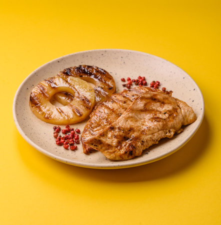 Chicken breast, grilled fillet, meat meal on a plate. Useful grilled poultry for lunchの写真素材