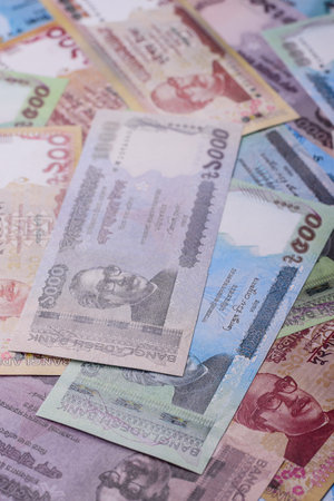 Money, paper currency of Bangladesh, taka notes. Conceptual financial background