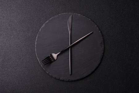Empty plate with devices in the form of clock hands as a conceptual background for lunch time, coffee break, mealの写真素材