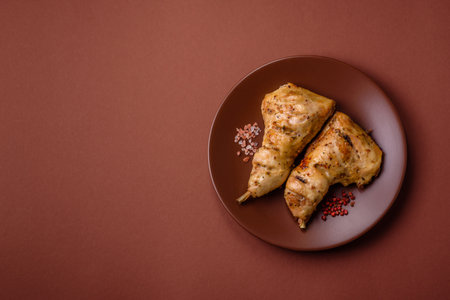 Grilled chicken leg or quarter. Barbecueed meat with salt and spices on a ceramic plateの写真素材