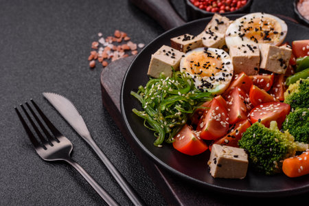 Vegan salad, bowls with chickpeas, broccoli, tomatoes, tofu and boiled eggs. Vegetarian meal with vegetables, seeds and grainsの写真素材
