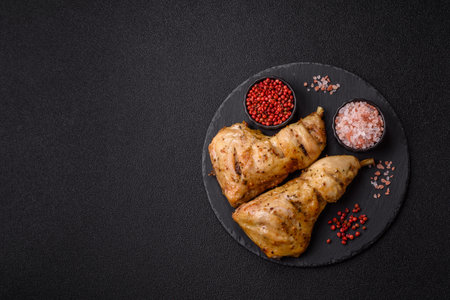 Grilled chicken leg or quarter. Barbecueed meat with salt and spices on a ceramic plateの写真素材