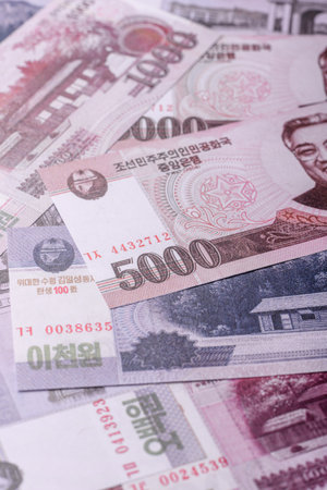 North korea money, won, paper banknotes. Conceptual background for finance and businessの写真素材