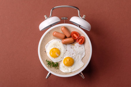 Breakfast of fried eggs with bacon or sausage and vegetables. Breakfast in the form of a plate on a...