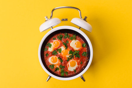 Breakfast of fried eggs with bacon or sausage and vegetables. Breakfast in the form of a plate on a...