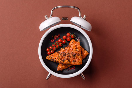 Time to eat Italian pizza cut in slices and delivered from the restaurant. Concept in the form of...