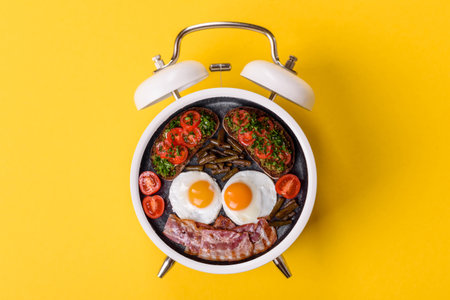 Breakfast of fried eggs with bacon or sausage and vegetables. Breakfast in the form of a plate on a...
