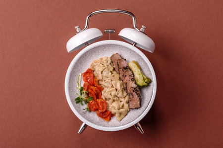 Italian pasta with meat, sauce and vegetables on a vintage background. Conceptual background time to...