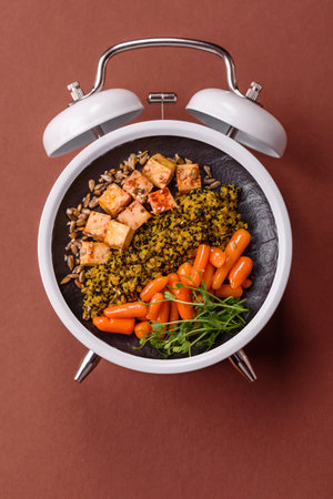 Vegetarian salad or bowls with quinoa, vegetables, and eggs on a vintage alarm clock background. Conceptual background time to eat vegetarian foodの写真素材