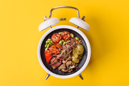 Breakfast as a plate concept instead of a dial on a vintage alarm clockの写真素材