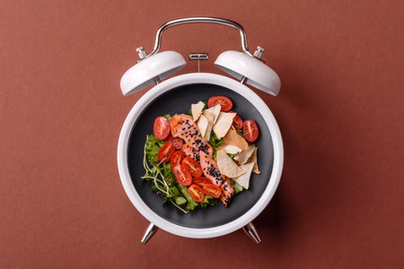 Caesar salad with croutons, tomatoes and eggs with seeds and grains. Breakfast as a plate concept instead of a dial on a vintage alarm clockの写真素材