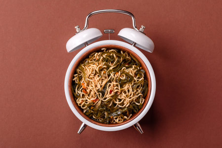 Italian pasta with meat, sauce and vegetables on a vintage background. Conceptual background time to...