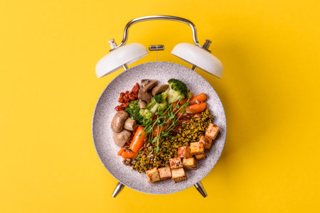 Vegetarian salad or bowls with quinoa, vegetables on a vintage alarm clock background. Conceptual background time to eat vegetarian foodの写真素材
