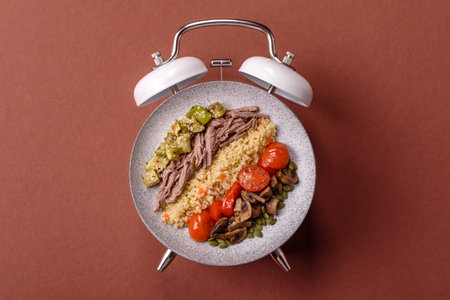 Vegetarian salad or bowls with quinoa, vegetables, and eggs on a vintage alarm clock background. Conceptual background time to eat vegetarian foodの写真素材