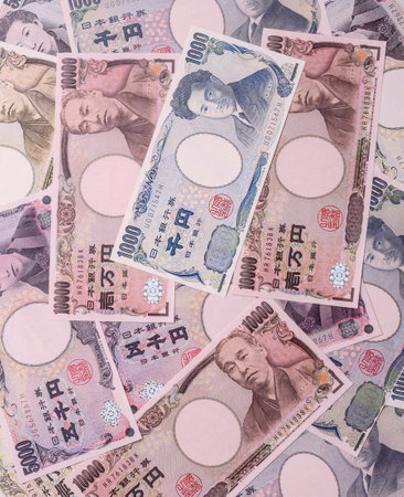 Japanese paper currency, the background of Japan's money. Asian business, sales, insurance, taxesの写真素材