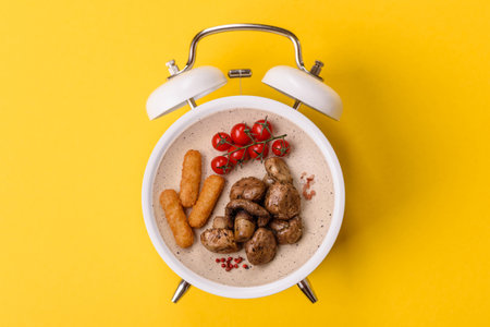 Cheese sticks, mozzarella fried, fast food breaded with sauce. Concept of time to eat fast food with a plate on a vintage alarm clock scoreboardの写真素材