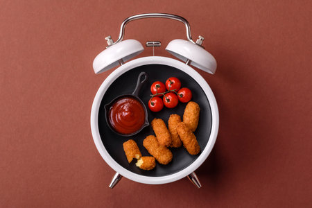 Cheese sticks, mozzarella fried, fast food breaded with sauce. Concept of time to eat fast food with a plate on a vintage alarm clock scoreboardの写真素材