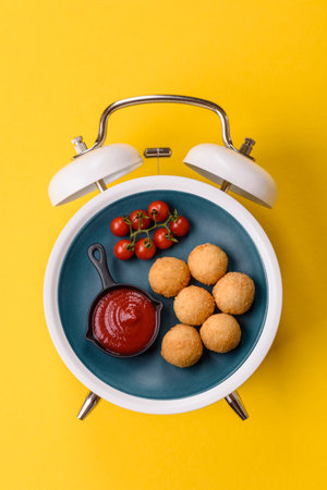 Cheese balls, mozzarella croquettes fried, breaded food with sauce. Concept of time to eat with a plate on a vintage alarm clock scoreboardの写真素材