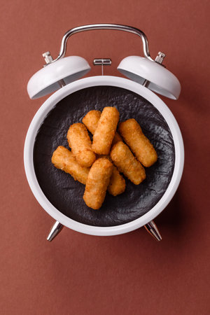 Cheese sticks, mozzarella fried, fast food breaded with sauce. Concept of time to eat fast food with a plate on a vintage alarm clockの写真素材
