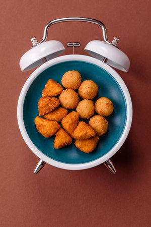 Cheese balls, mozzarella croquettes fried, breaded with sauce. Concept of time to eat with a plate on a vintage alarm clock scoreboardの写真素材