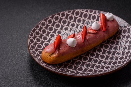 French food, dessert eclair with chocolate filling and covered with colored icing. Sweet eclair as a background for your designの写真素材