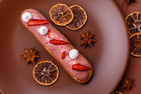 French food, dessert eclair with chocolate filling and covered with colored icing. Sweet eclair as a background for your designの写真素材