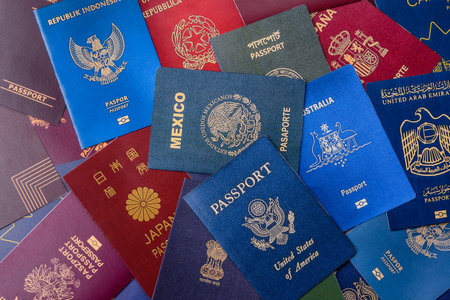 Passports of citizens of different countries of the world, background consisting of passports of several countries.の写真素材