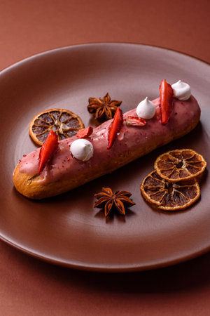 French food, dessert eclair with chocolate filling and covered with colored icing. Sweet eclair as a...