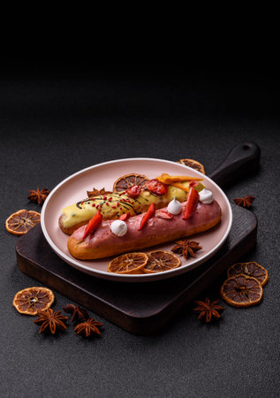 French dessert eclair with chocolate filling and covered with colored icing. Sweet eclair as a...