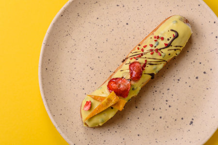 French dessert eclair with chocolate filling and covered with colored icing. Sweet eclair as a background for your designの写真素材