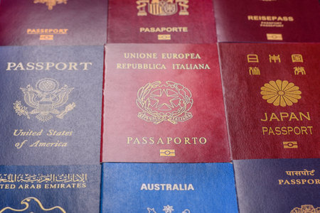 Passports of citizens of different countries of the world, background consisting of passports of several countries.の写真素材