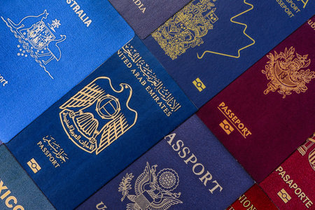 Passports of citizens of different countries of the world, background consisting of passports of several countries.の写真素材