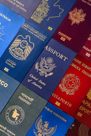 Passports of citizens of different countries of the world, background consisting of passports of several countries.の写真素材