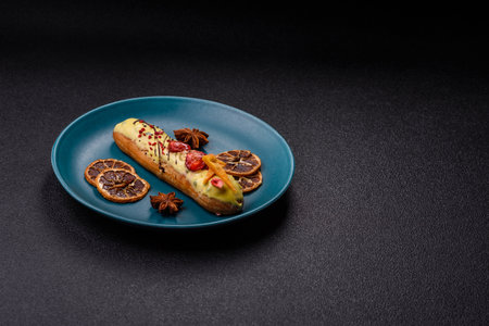 French food, dessert eclair with chocolate filling and covered with colored icing. Sweet eclair as a...