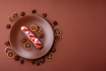 French food, dessert eclair with chocolate filling and covered with colored icing. Sweet eclair as a background for your designの写真素材