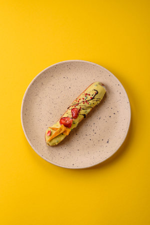 French food, dessert eclair with chocolate filling and covered with colored icing. Sweet eclair as a background for your designの写真素材